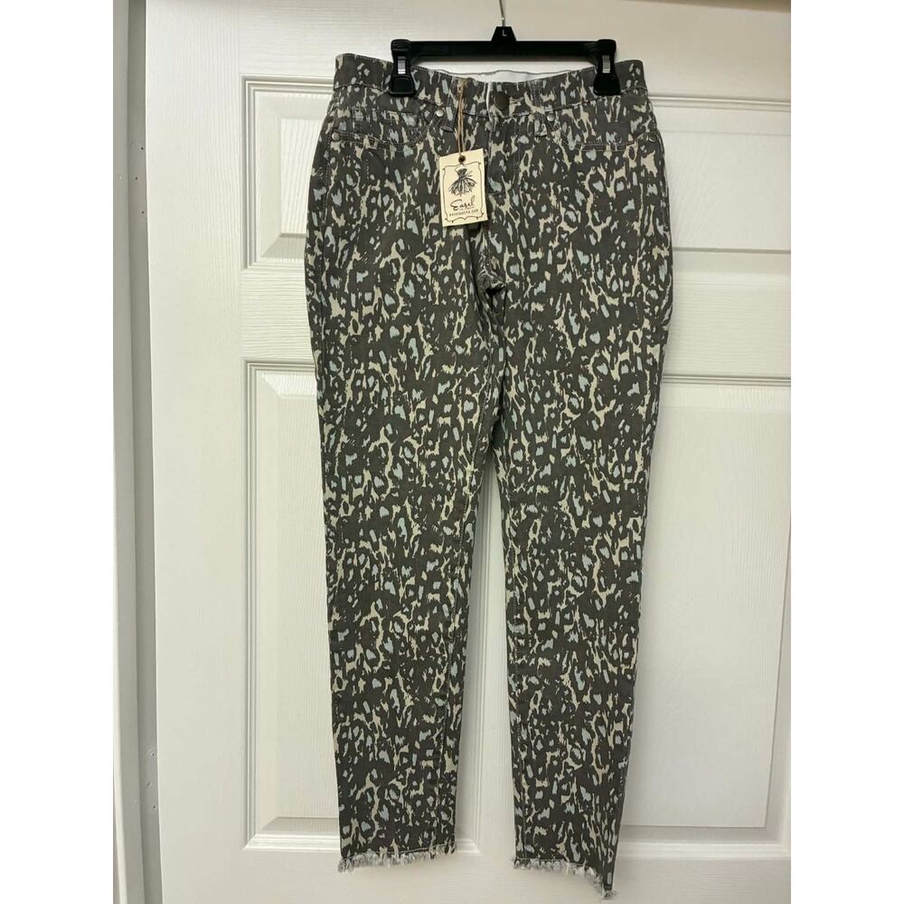 Easel Grey Leopard Print Skinny‎ Jeans Womens S Raw Hem Stretch Denim NWT